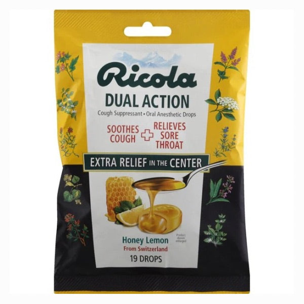 Ricola Dual Action Honey-Lemon Cough Suppressant Oral Anesthetic Drops 19 ct Pouch A056