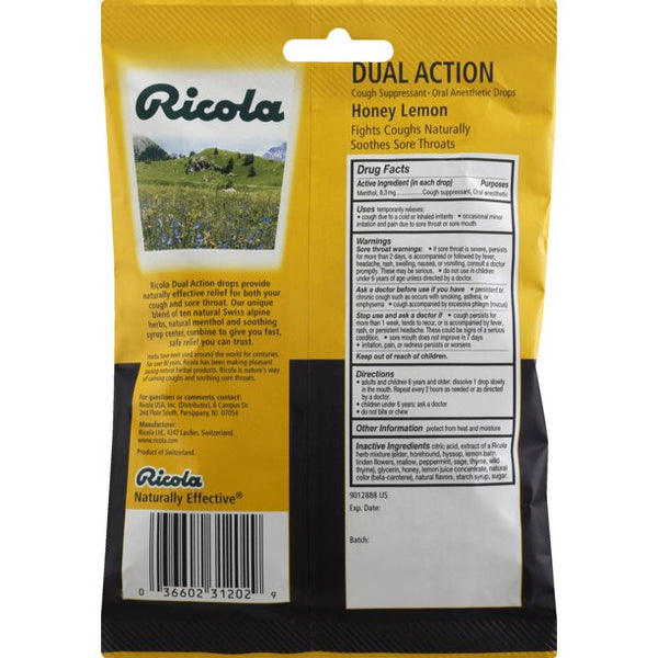 Ricola Dual Action Honey-Lemon Cough Suppressant Oral Anesthetic Drops 19 ct Pouch A056