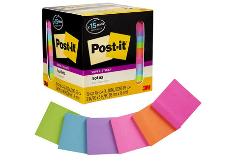 Post-it Super Sticky Notes, Assorted Bright Colors, 3x3 in, 15 Pads/Pack, 45 Sheets/Pad, 2x the Sticking Power, Recyclable
