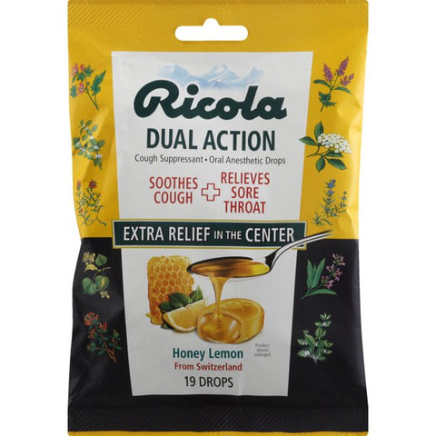 Ricola Dual Action Honey-Lemon Cough Suppressant Oral Anesthetic Drops 19 ct Pouch A056