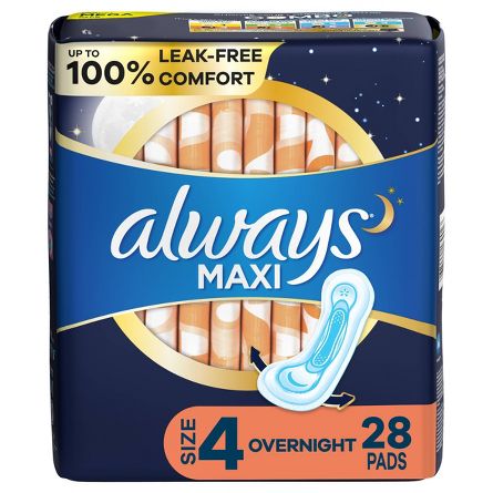 Always Maxi Pads Overnight Absorbency Unscented without Wings - Size 4 - 28ct